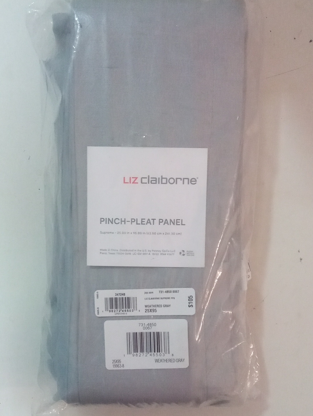 Liz Claiborne Pinch-Pleat Panel Curtain - Weathered Gray 95" NWT $90